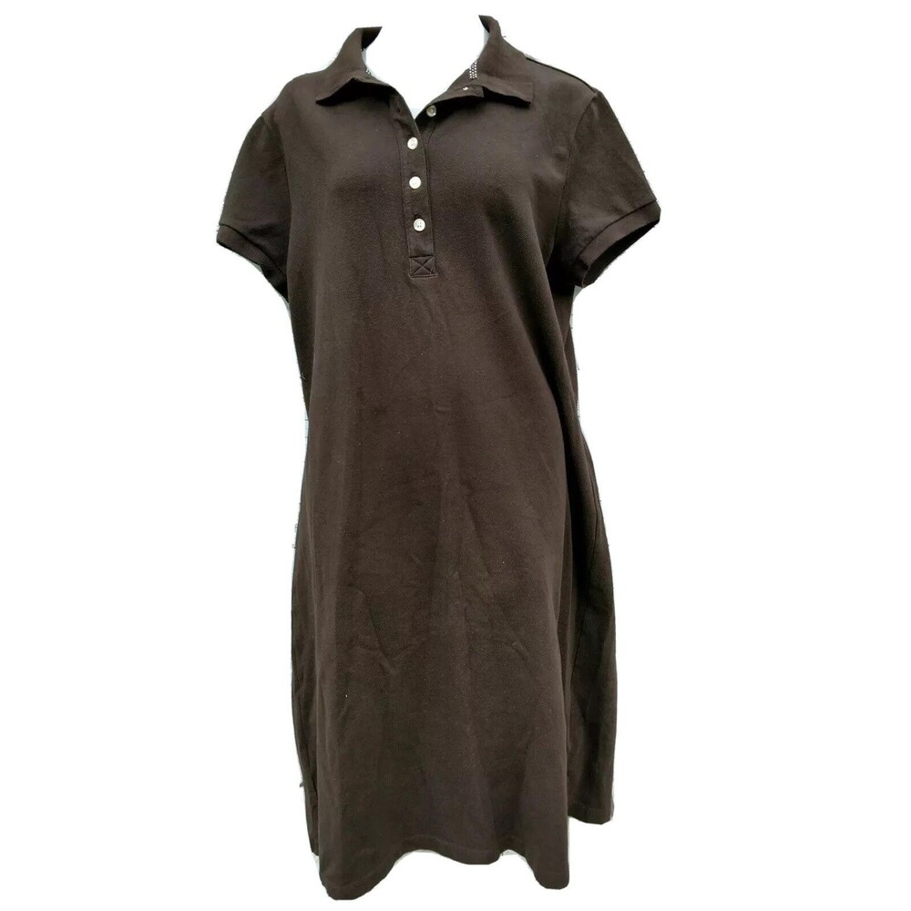 Lands End Womens Size Medium 10 12 Shirt Dress Brown Buttons Collar Modest S/S